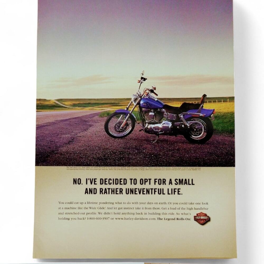 2001 Harley Davidson Print Ad Wide Glide Motorcycle‎ Open Road Uneventful Life